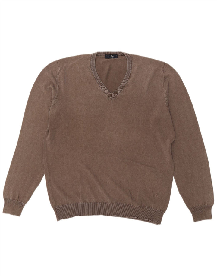 Fay Mens V-Neck Jumper Sweater IT 50 Medium Grey Cotton