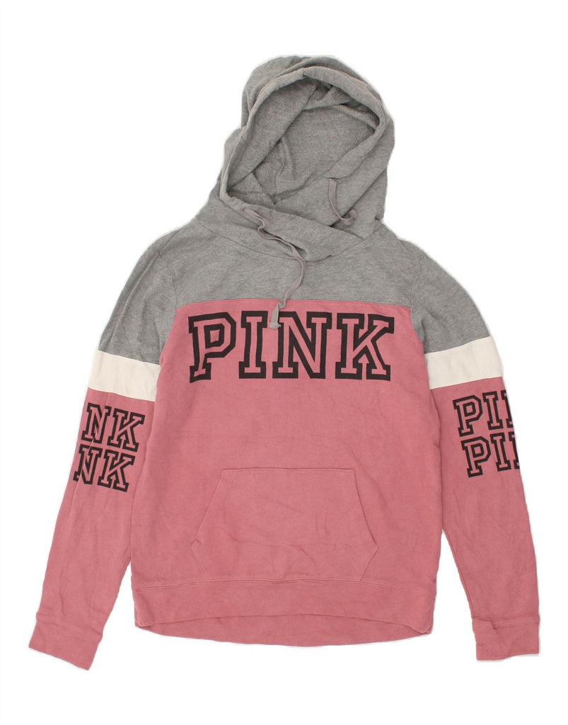 PINK Womens Graphic Hoodie Jumper UK 6 XS Pink Colourblock Cotton | Vintage Pink | Thrift | Second-Hand Pink | Used Clothing | Messina Hembry 