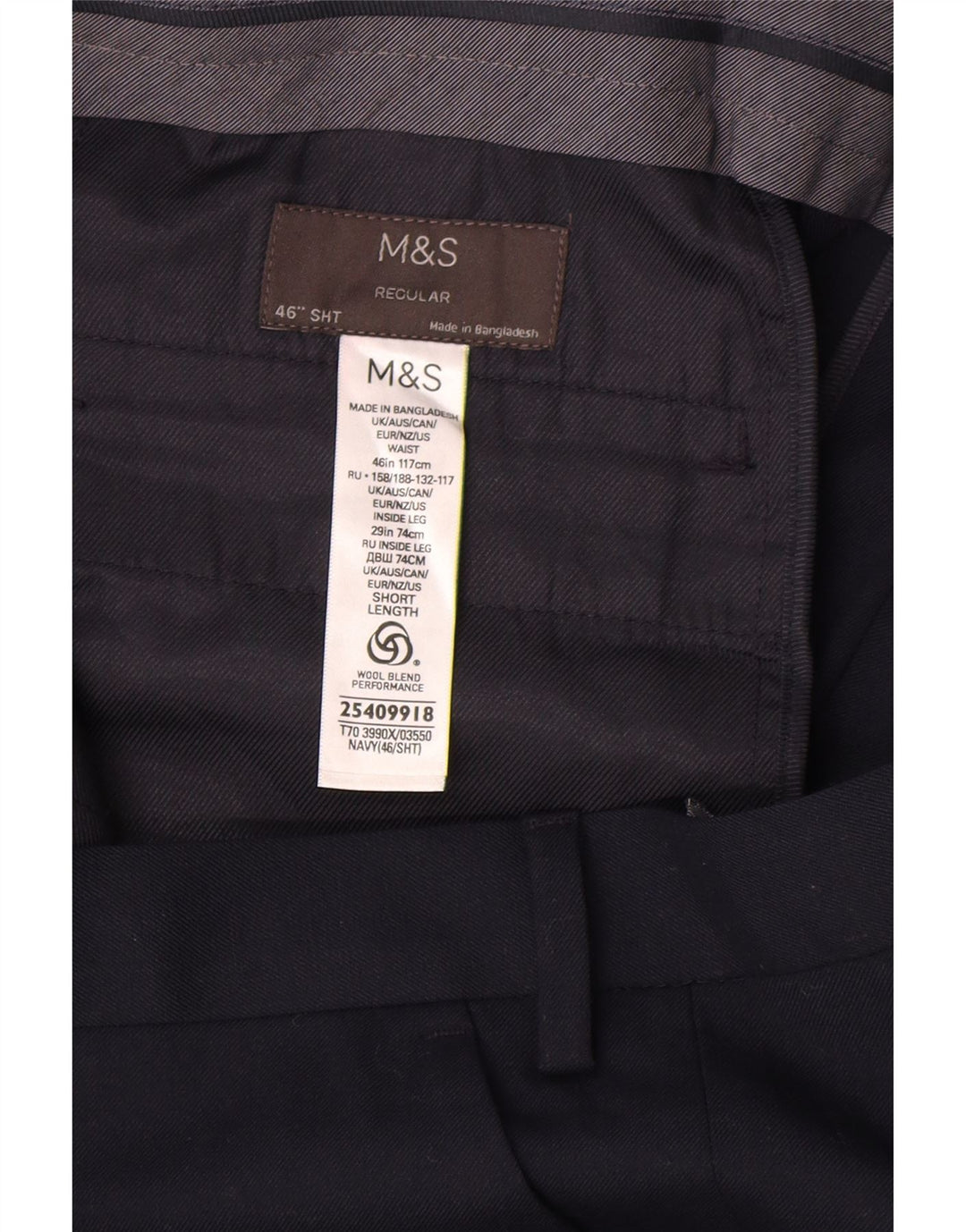 Marks & Spencer Mens Short Regular Fit Suit Trousers W46 L29 Navy Blue