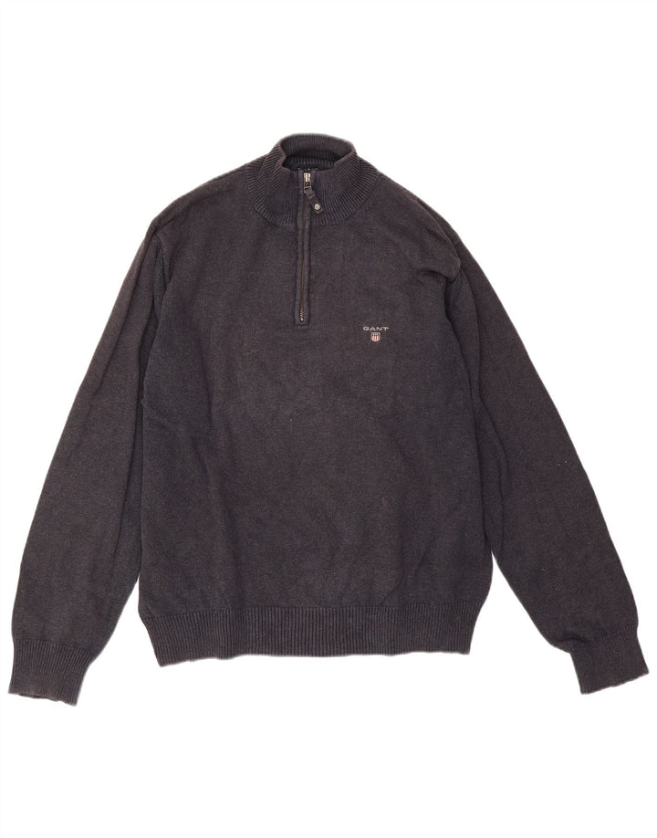 Gant Mens Zip Neck Jumper Sweater Medium Navy Blue Flecked Cotton