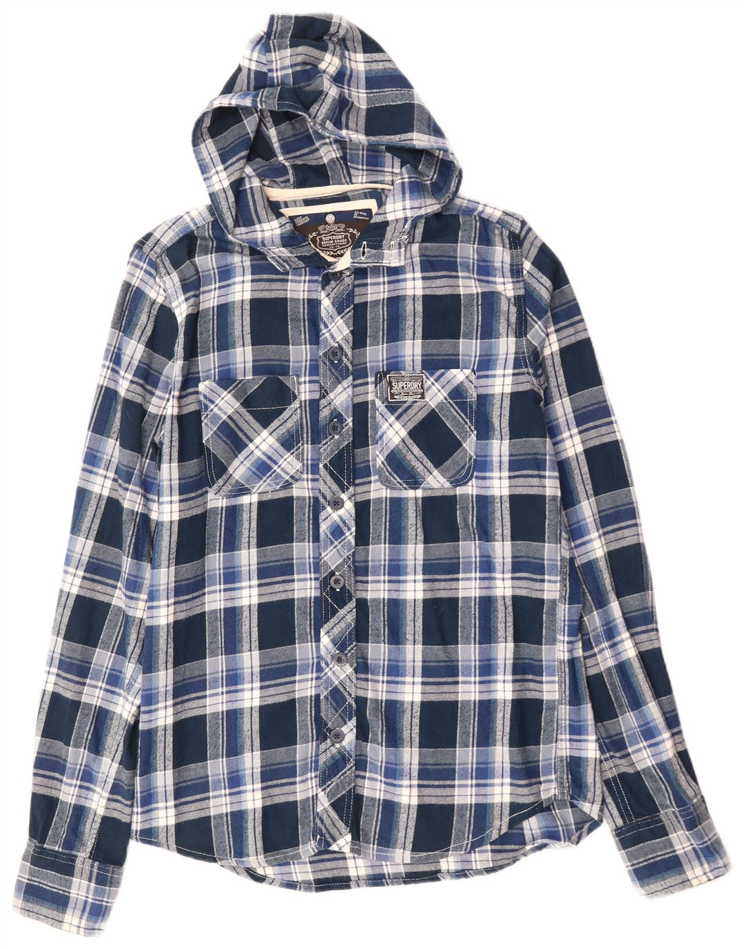 SUPERDRY Mens Hooded Flannel Shirt Medium Blue Check Cotton