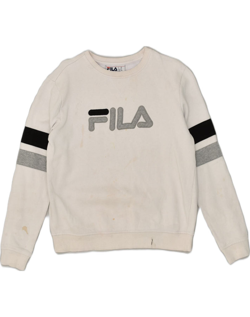 FILA Womens Graphic Sweatshirt Jumper UK 14 Medium White Cotton | Vintage Fila | Thrift | Second-Hand Fila | Used Clothing | Messina Hembry 