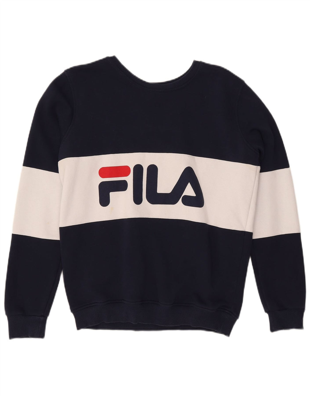 FILA Womens Graphic Sweatshirt Jumper UK 12 Medium Navy Blue Colourblock
