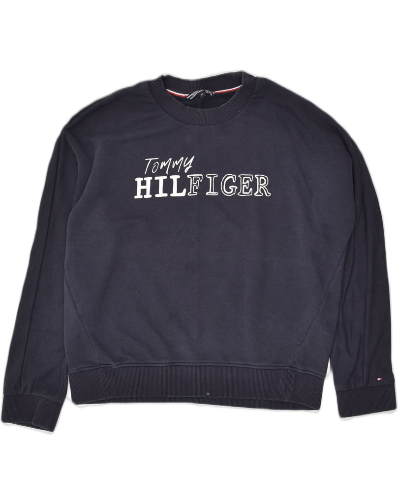 TOMMY HILFIGER Womens Oversized Graphic Sweatshirt Jumper UK 6 XS Blue | Vintage Tommy Hilfiger | Thrift | Second-Hand Tommy Hilfiger | Used Clothing | Messina Hembry 