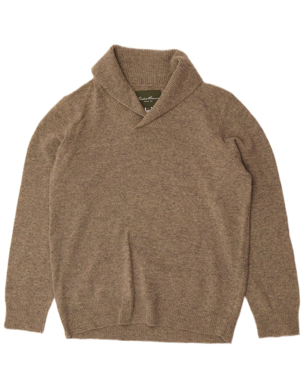Eddie Bauer Mens Shawl Neck Jumper Sweater XL Khaki Flecked Lambswool