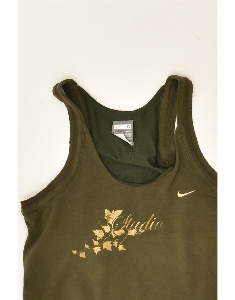 NIKE Womens Graphic Vest Top UK 8/10 Small Khaki Cotton | Vintage Nike | Thrift | Second-Hand Nike | Used Clothing | Messina Hembry 