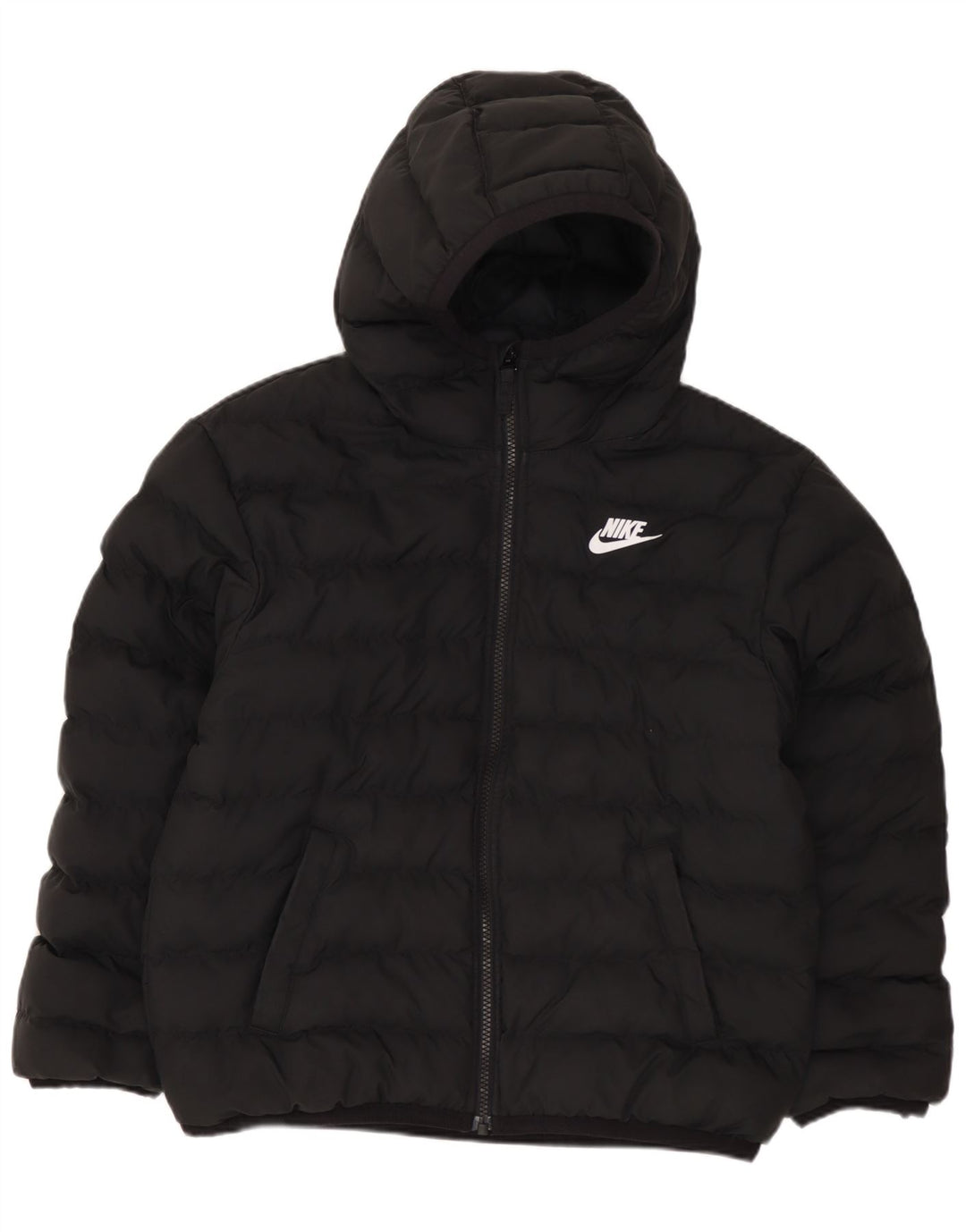 NIKE Boys Hooded Padded Jacket 10-11 Years Medium Black Polyester