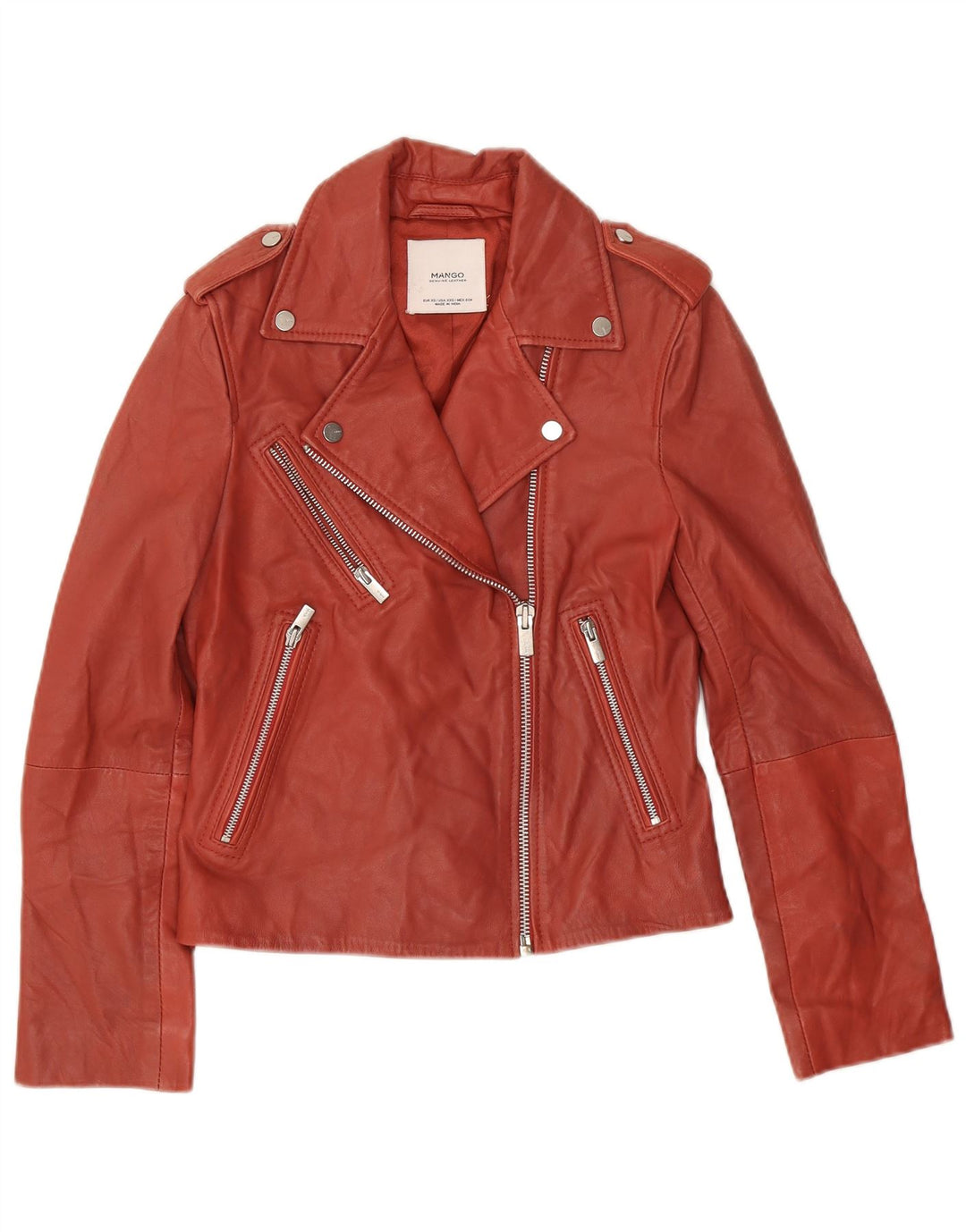 Mango Womens Leather Biker Jacket UK 6 XS Red Leather