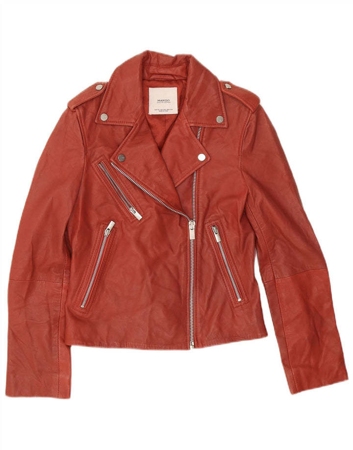 Mango Womens Leather Biker Jacket UK 6 XS Red Leather