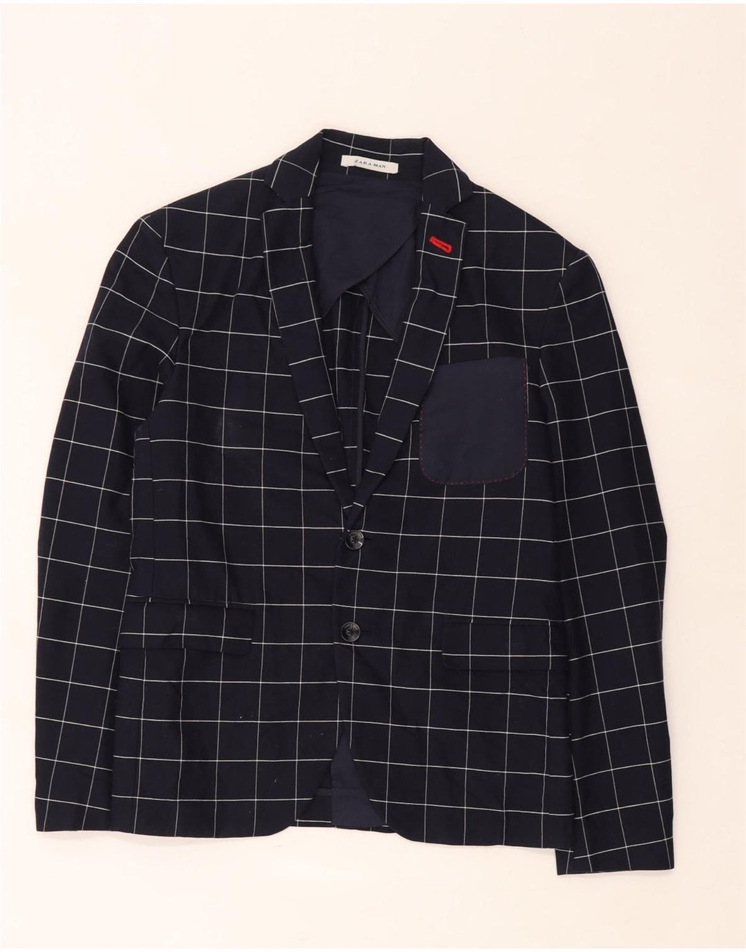 Zara Mens 2 Button Blazer Jacket EU 46 Small Navy Blue Check Cotton