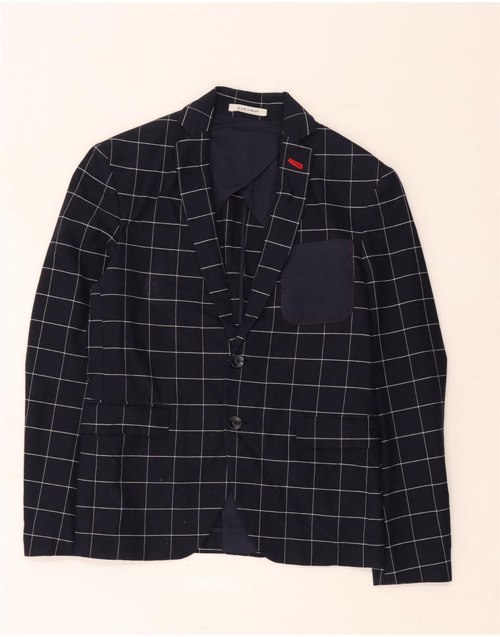 Zara Mens 2 Button Blazer Jacket EU 46 Small Navy Blue Check Cotton