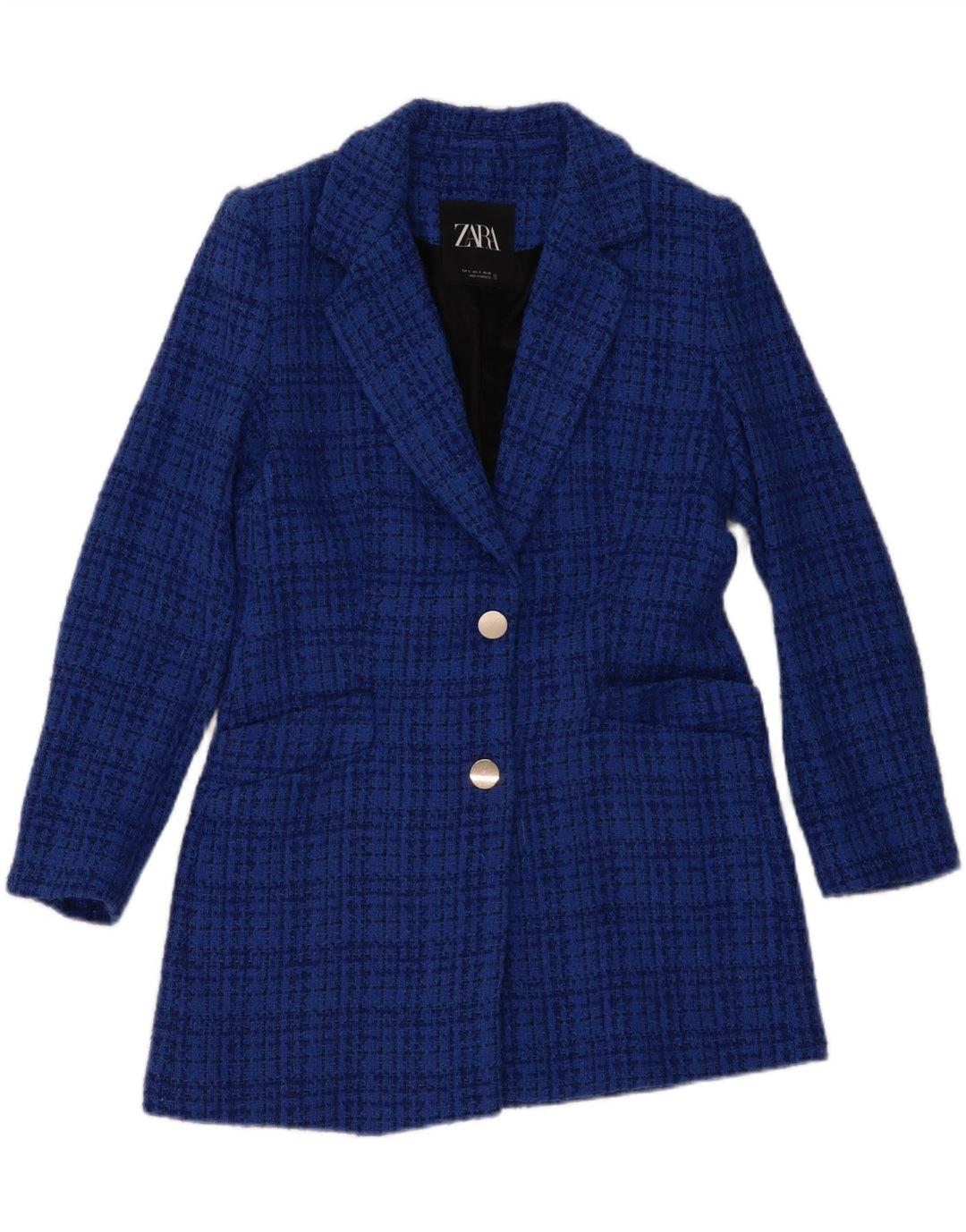 Zara Womens 2 Button Blazer Jacket UK 10 Small Blue Check Cotton