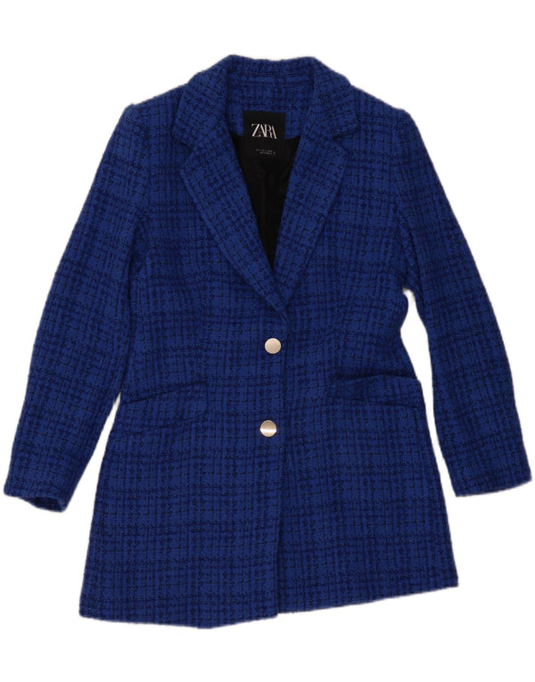 Zara Womens 2 Button Blazer Jacket UK 10 Small Blue Check Cotton