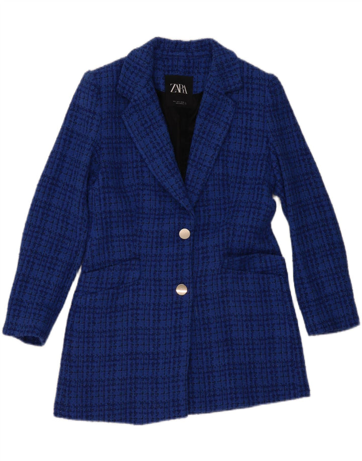 Zara Womens 2 Button Blazer Jacket UK 10 Small Blue Check Cotton