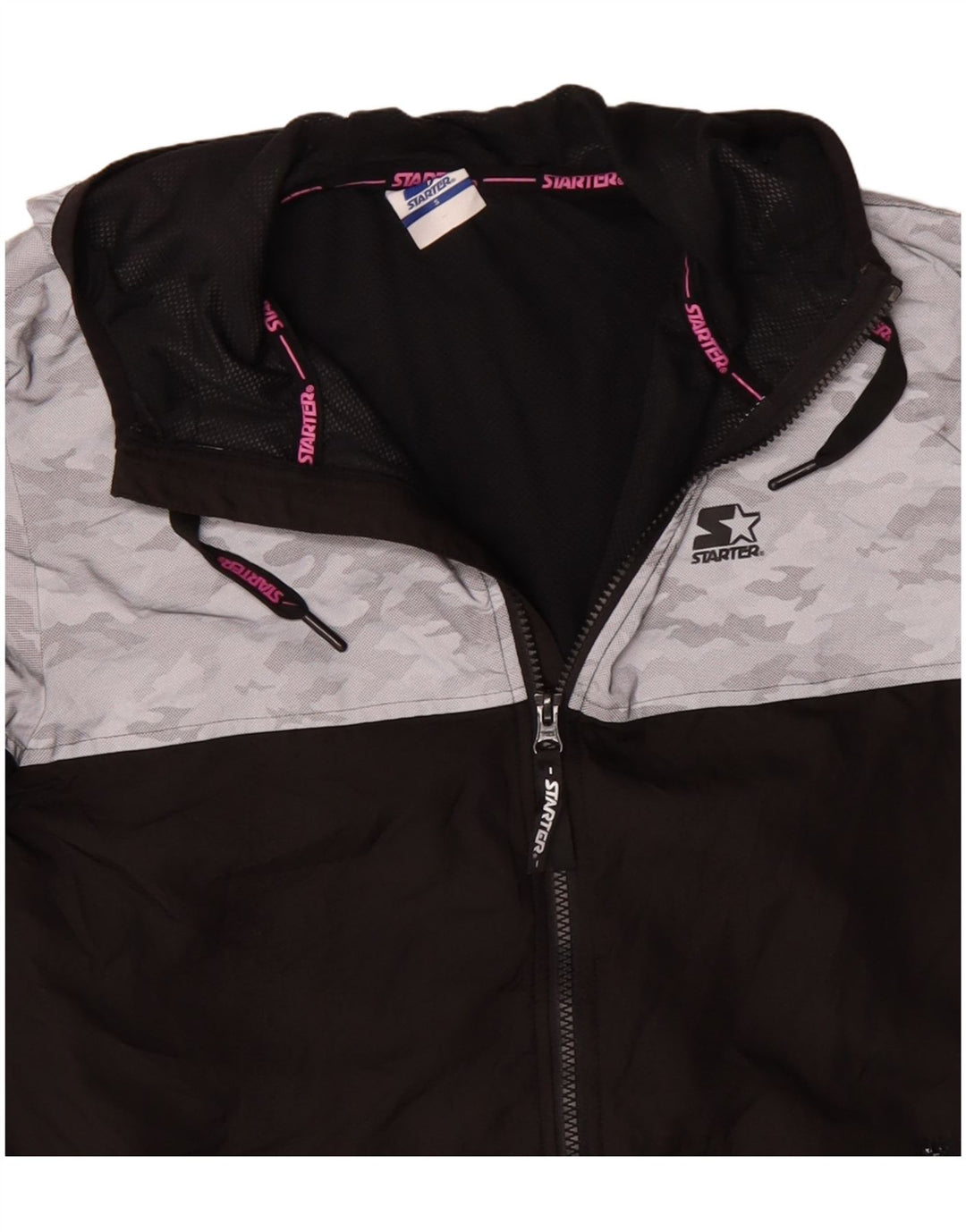 STARTER Womens Graphic Hooded Rain Jacket UK 10 Small Black Camouflage