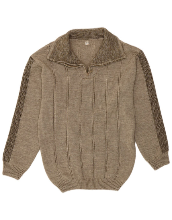 Vintage Mens Zip Neck Jumper Sweater UK 38 Medium Khaki Flecked Polyacrylic