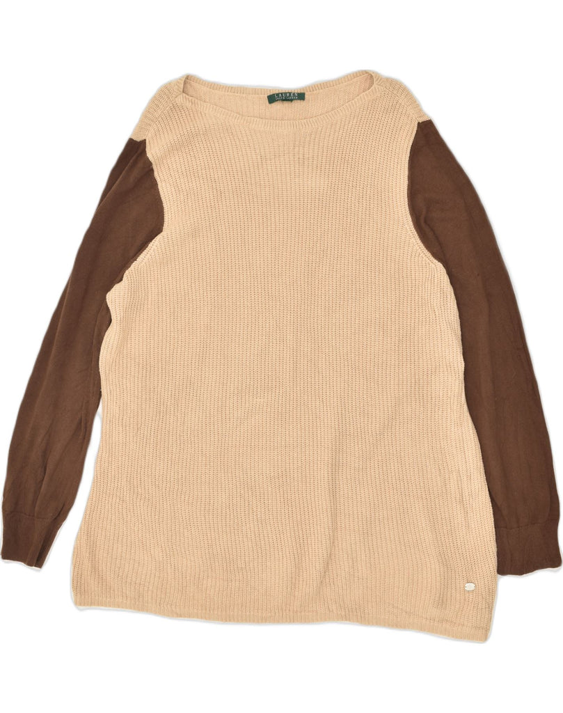 RALPH LAUREN Womens Boat Neck Jumper Sweater UK 16 Large Beige Colourblock | Vintage Ralph Lauren | Thrift | Second-Hand Ralph Lauren | Used Clothing | Messina Hembry 