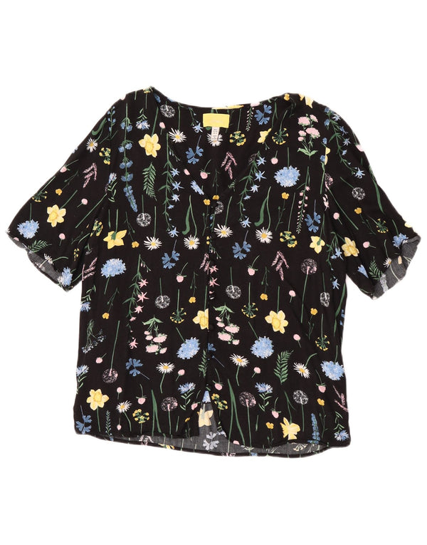Joules Womens Short Sleeve Shirt Blouse UK 12 Medium Black Floral Viscose