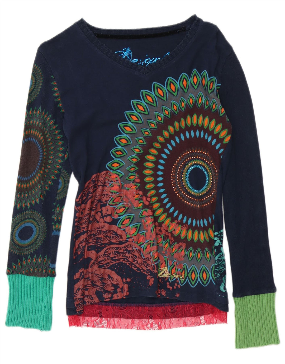 Desigual Womens Graphic Top Long Sleeve UK 12 Medium Navy Blue Cotton