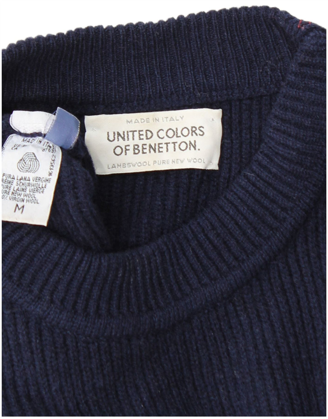 BENETTON Mens Crew Neck Jumper Sweater Medium Navy Blue Virgin Wool