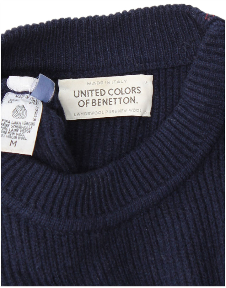 BENETTON Mens Crew Neck Jumper Sweater Medium Navy Blue Virgin Wool