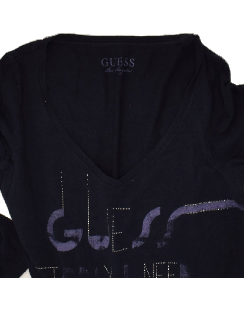 GUESS Womens Graphic Top Long Sleeve UK 12 Medium Navy Blue | Vintage Guess | Thrift | Second-Hand Guess | Used Clothing | Messina Hembry 
