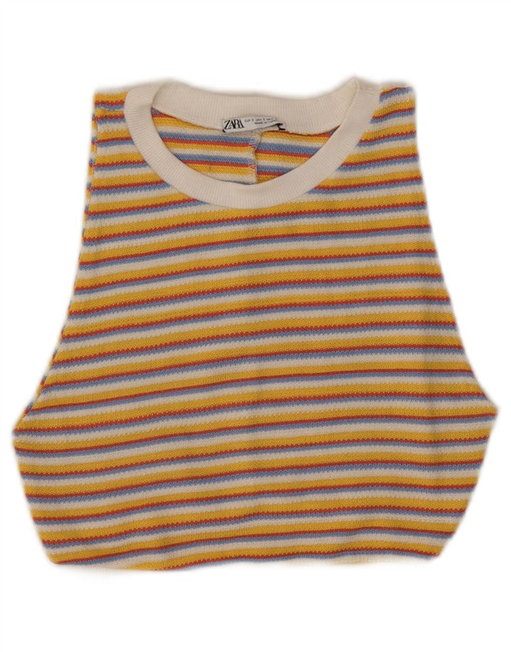 ZARA Womens Knit Crop Top UK 8 Small Yellow Striped