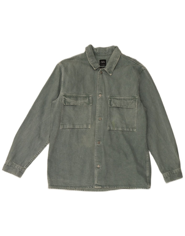 Zara Mens Relaxed Fit Denim Shirt XL Green Cotton
