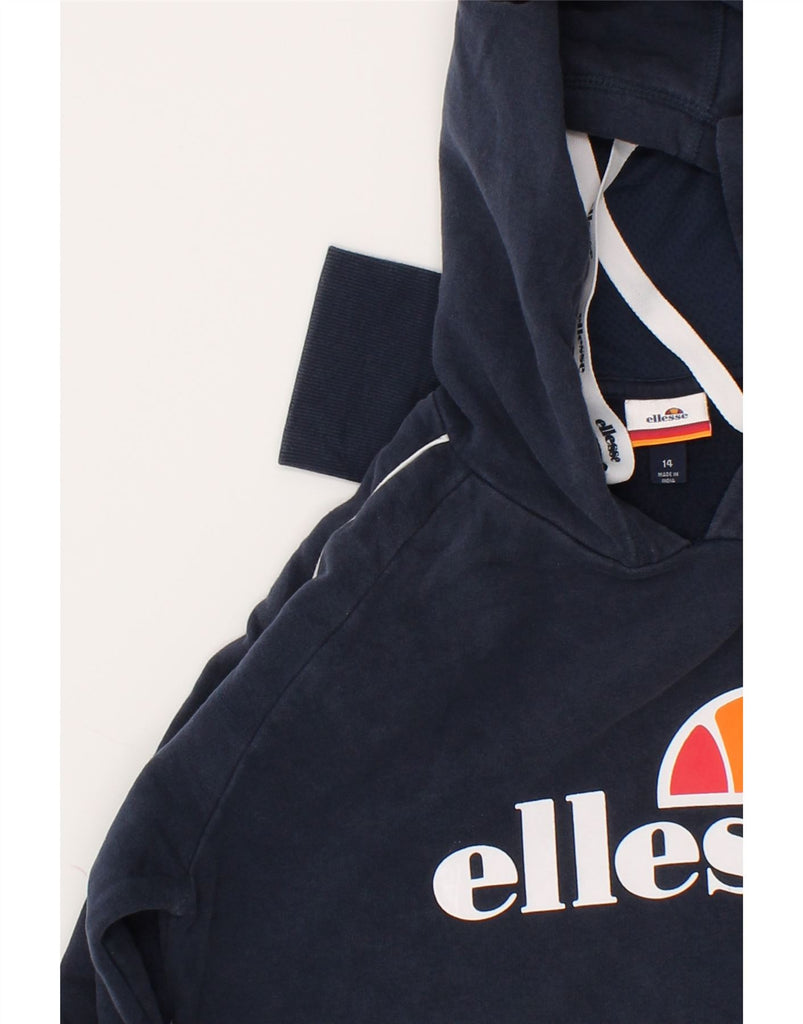 ELLESSE Womens Graphic Hoodie Jumper UK 14 Large Navy Blue Cotton | Vintage Ellesse | Thrift | Second-Hand Ellesse | Used Clothing | Messina Hembry 