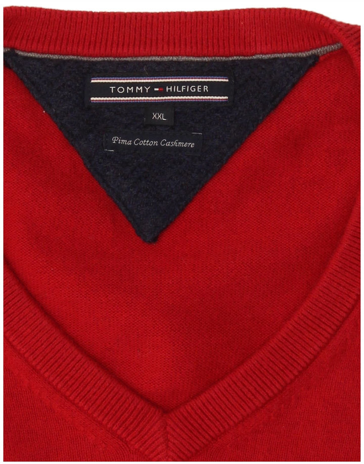 Tommy Hilfiger Mens V-Neck Jumper Sweater 2XL Red Cotton