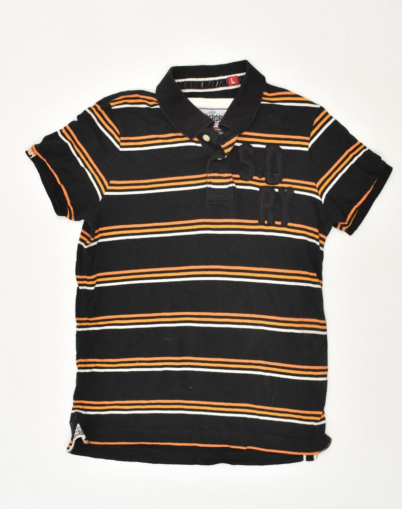 SUPERDRY Mens Polo Shirt Large Black Striped Cotton | Vintage Superdry | Thrift | Second-Hand Superdry | Used Clothing | Messina Hembry 