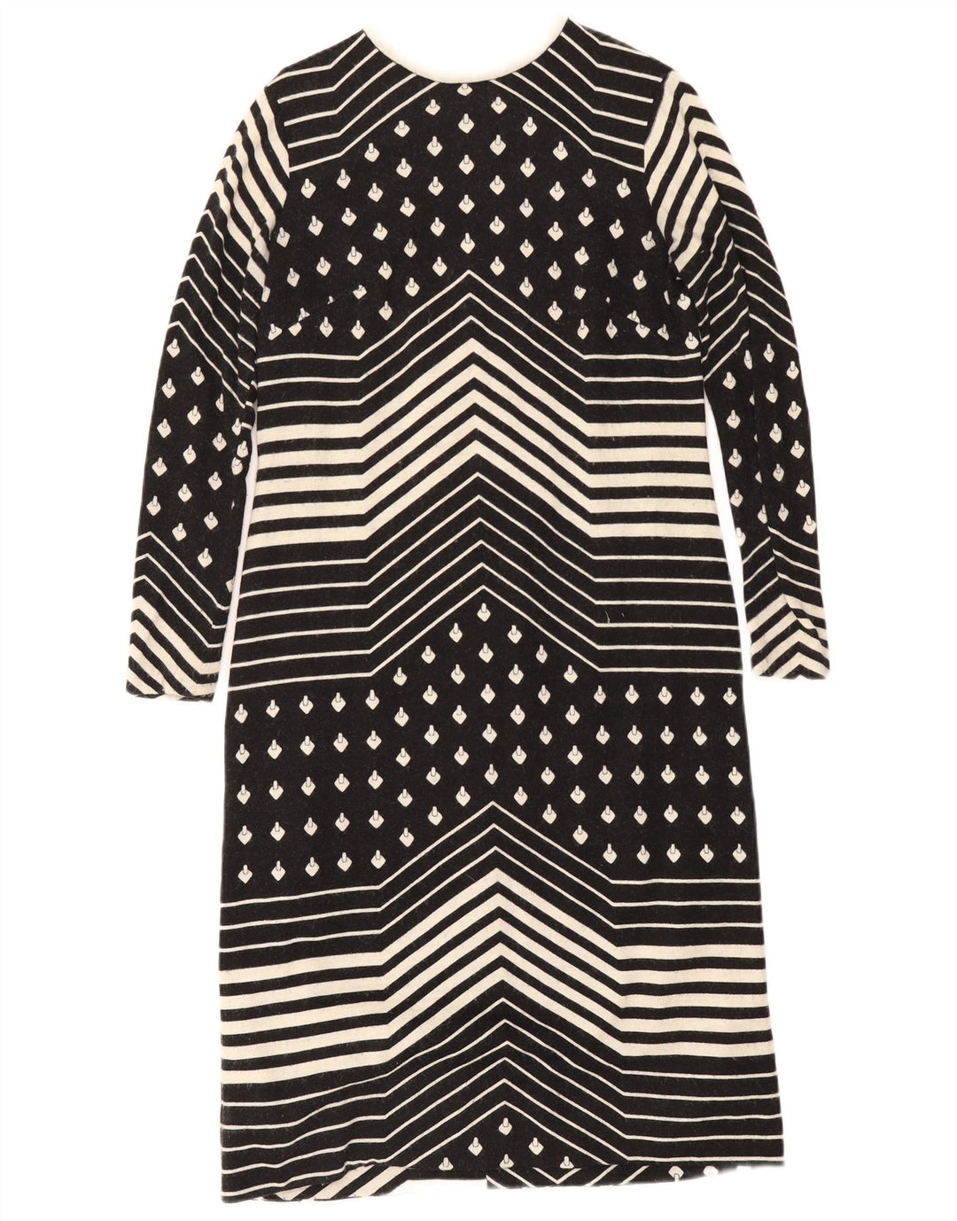 Vintage Womens Long Sleeve Shift Dress UK 12 Medium Black Geometric