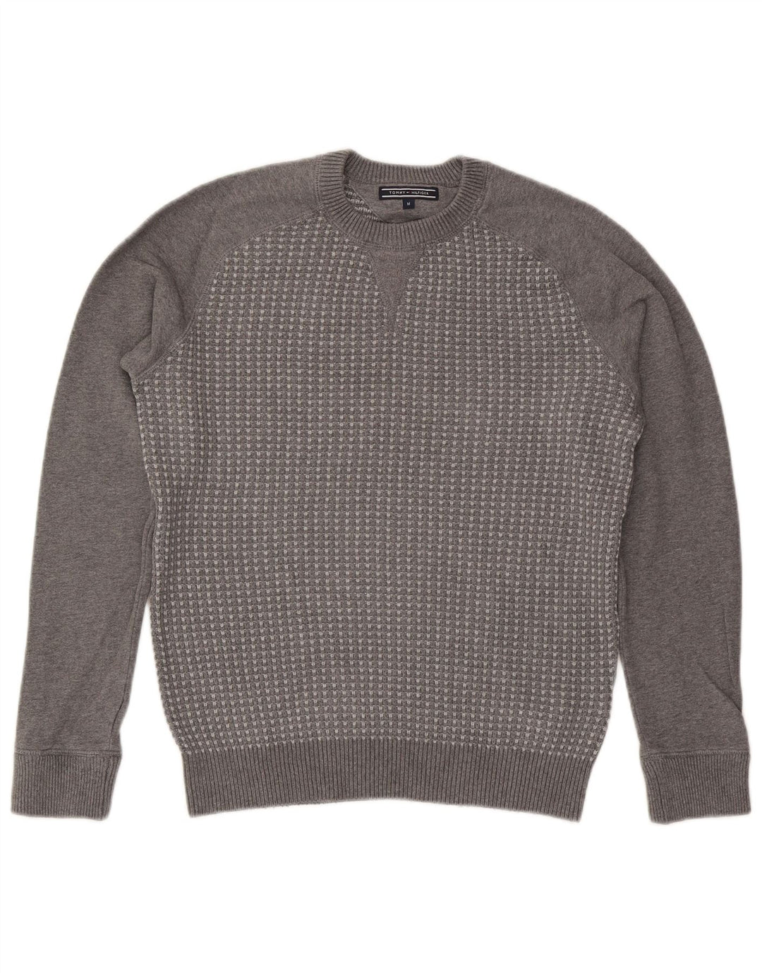 Tommy Hilfiger Mens Crew Neck Jumper Sweater Medium Grey Geometric Cotton