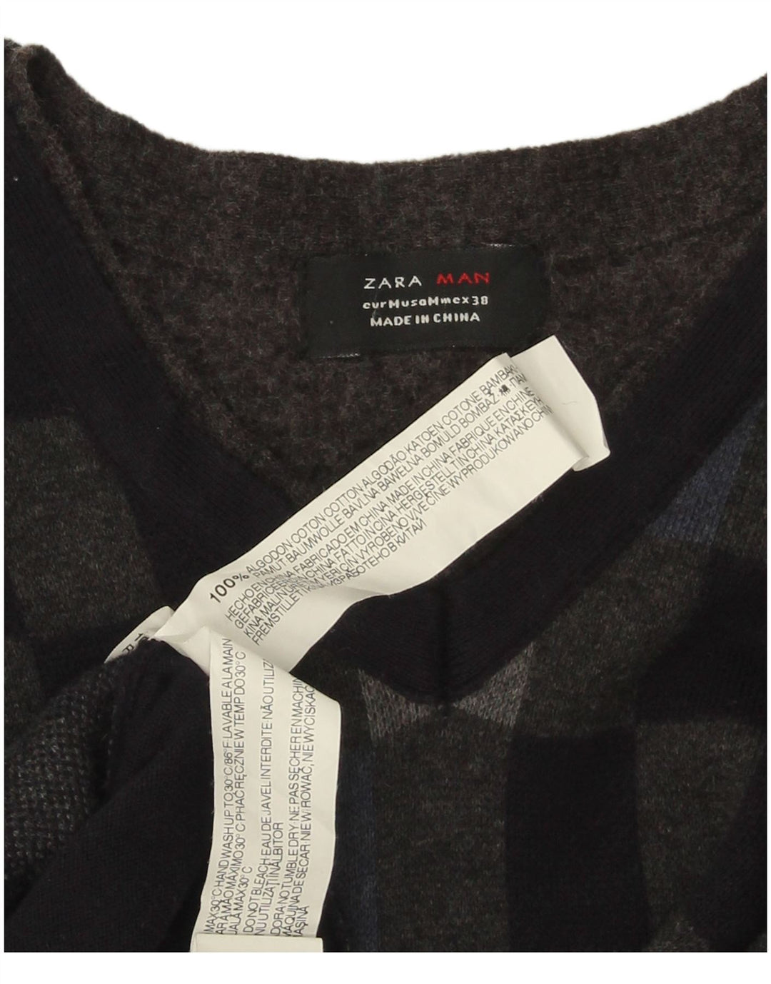 Zara Mens V-Neck Jumper Sweater Medium Black Geometric Cotton
