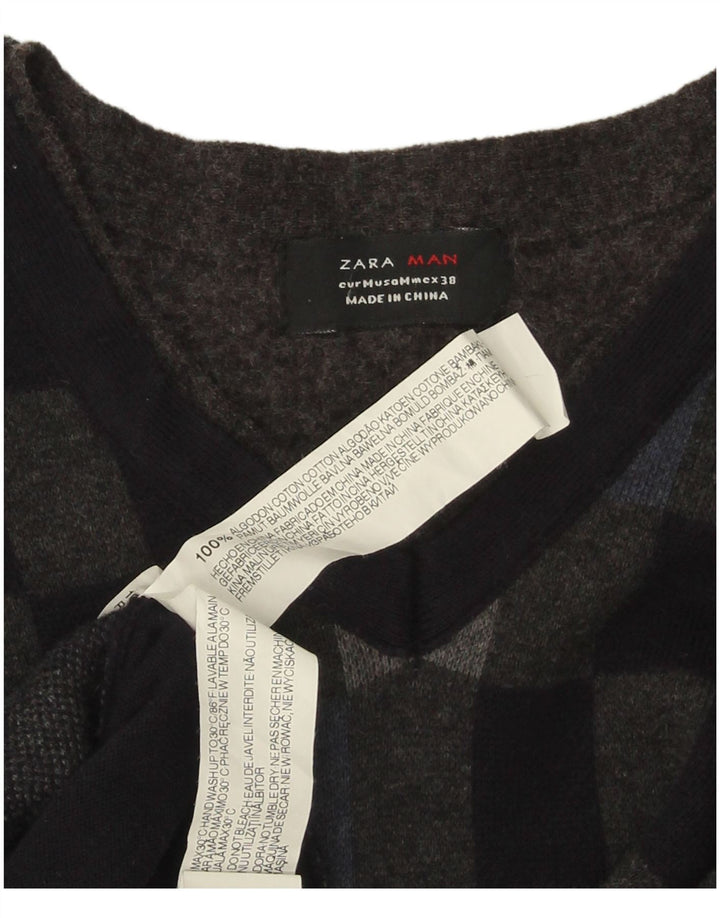 Zara Mens V-Neck Jumper Sweater Medium Black Geometric Cotton