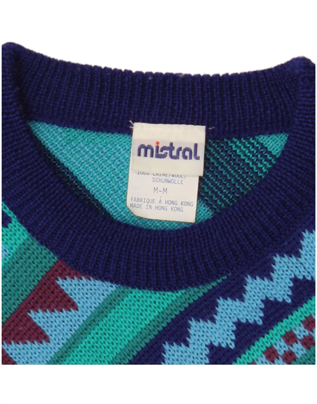 MISTRAL Mens Boat Neck Jumper Sweater Medium Navy Blue Geometric Wool