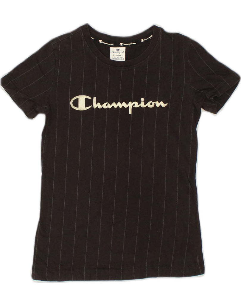 CHAMPION Womens Graphic T-Shirt Top UK 6 XS Black Striped Cotton | Vintage Champion | Thrift | Second-Hand Champion | Used Clothing | Messina Hembry 