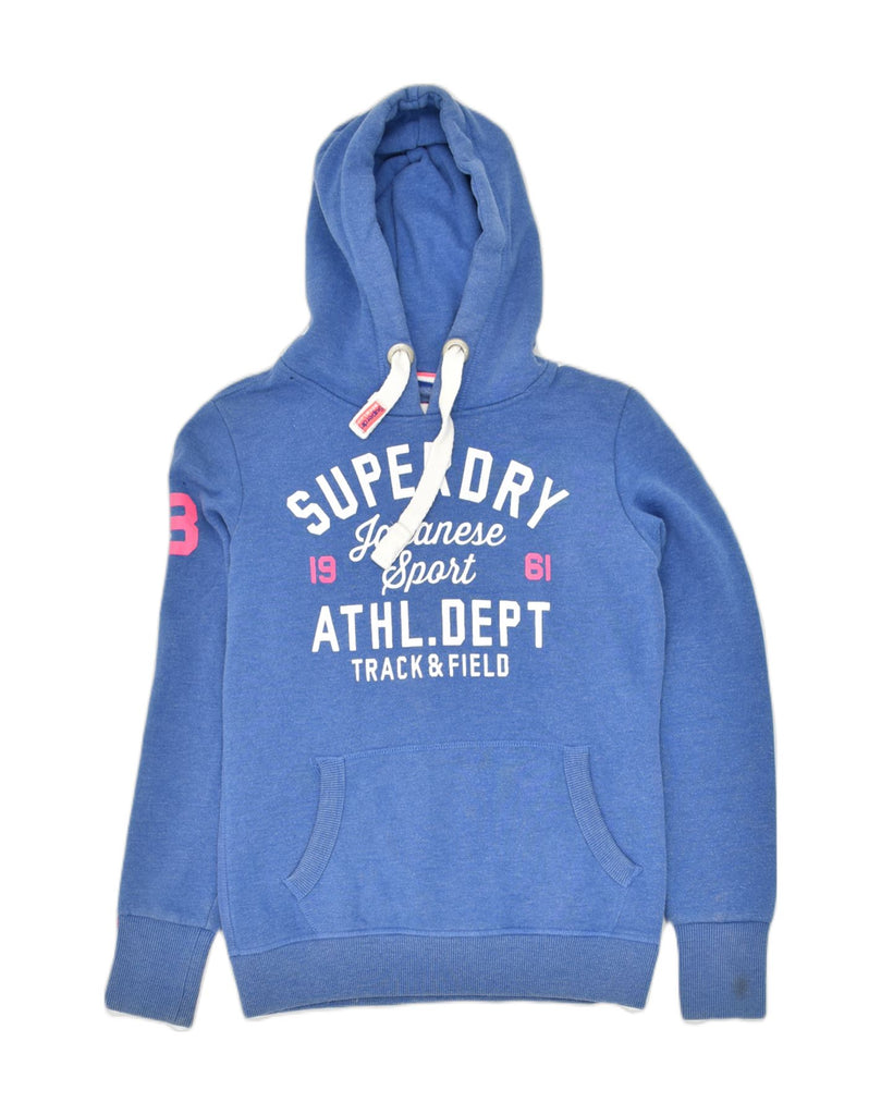 SUPERDRY Womens Graphic Hoodie Jumper UK 8 Small Blue Cotton | Vintage Superdry | Thrift | Second-Hand Superdry | Used Clothing | Messina Hembry 