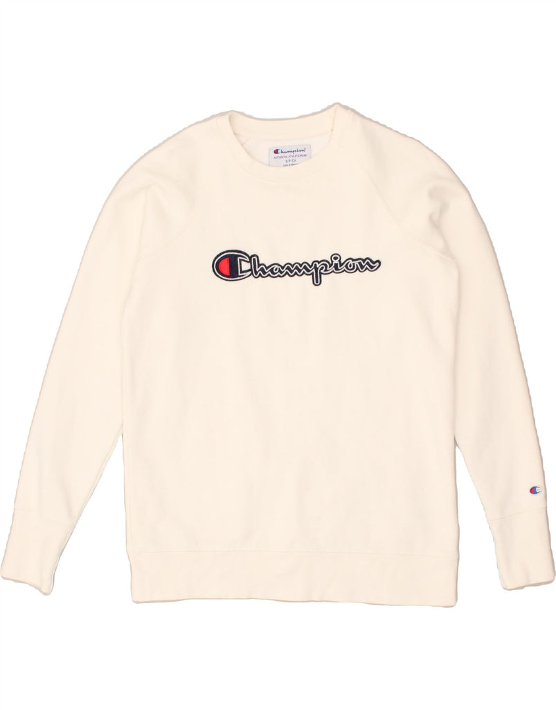 CHAMPION Mens Graphic Sweatshirt Jumper Small White Cotton | Vintage Champion | Thrift | Second-Hand Champion | Used Clothing | Messina Hembry 