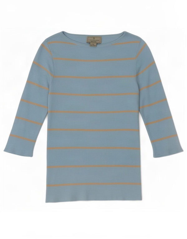 Trussardi Womens Top 3/4 Sleeve UK 8 Small Blue Striped Cotton