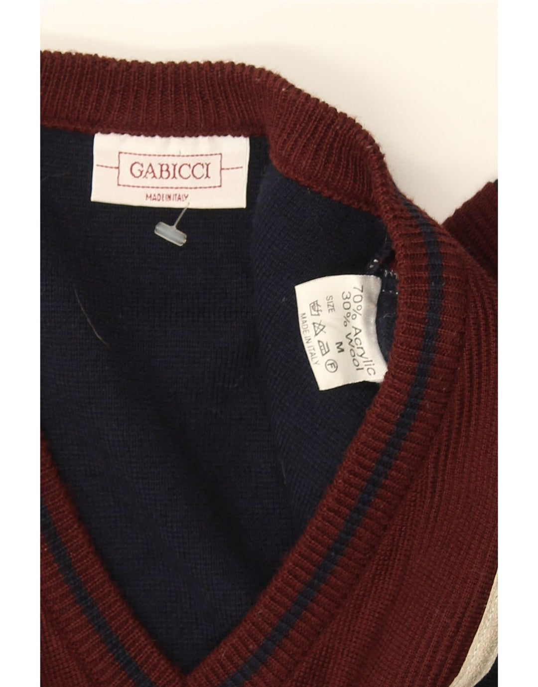 GABICCI Mens V-Neck Jumper Sweater Medium Navy Blue Colourblock Acrylic