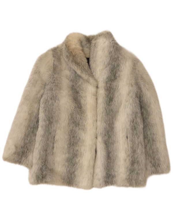 Vintage Womens Loose Fit Faux Fur Coat UK 10 Small Grey Striped Acrylic
