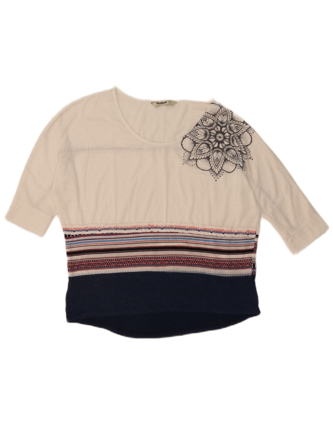 Desigual Womens Graphic Top 3/4 Sleeve UK 10 Small White Colourblock