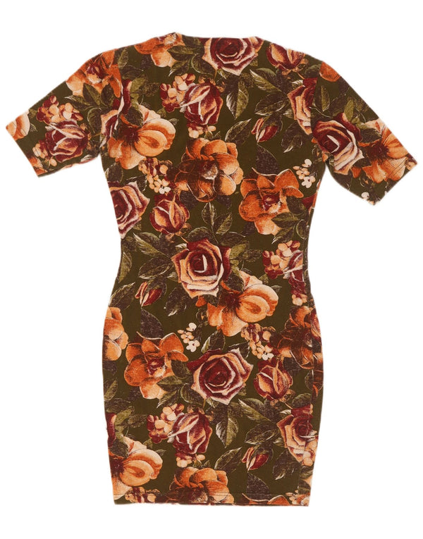 Vintage Womens Bodycon Dress UK 8 Small Khaki Floral Cotton