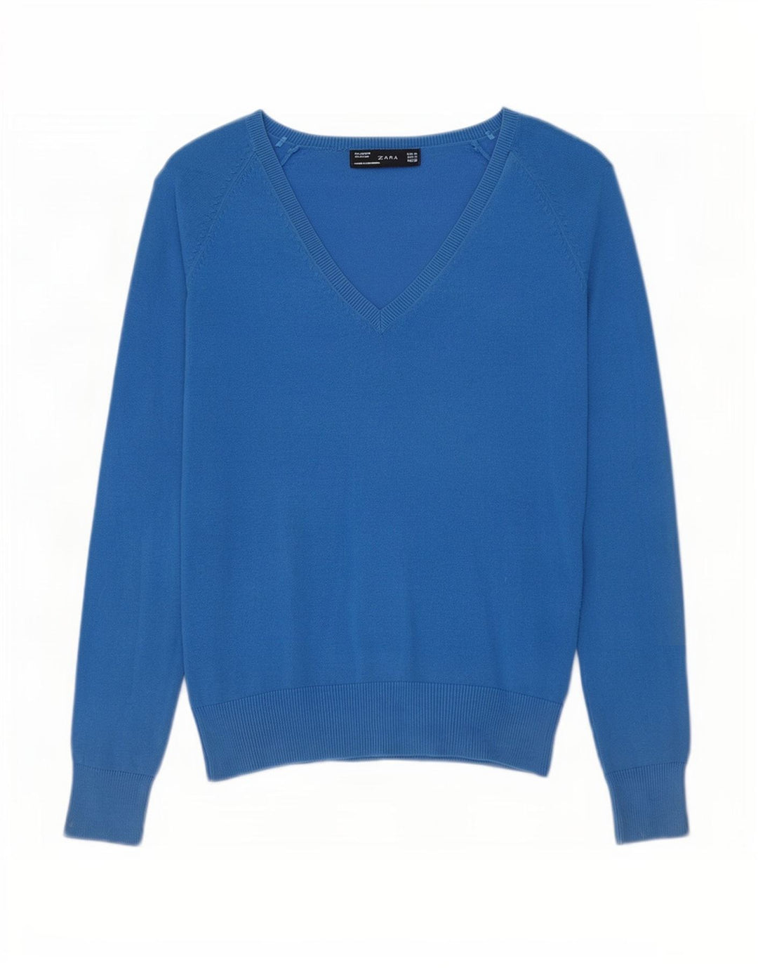Zara Womens V-Neck Jumper Sweater UK 12 Medium Blue Cotton