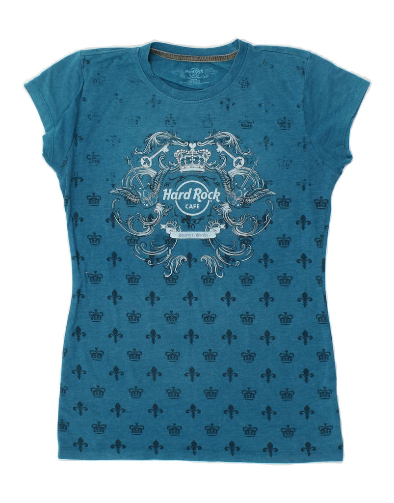 HARD ROCK CAFE Womens Graphic T-Shirt Top UK 12 Medium Blue Cotton | Vintage Hard Rock Cafe | Thrift | Second-Hand Hard Rock Cafe | Used Clothing | Messina Hembry 