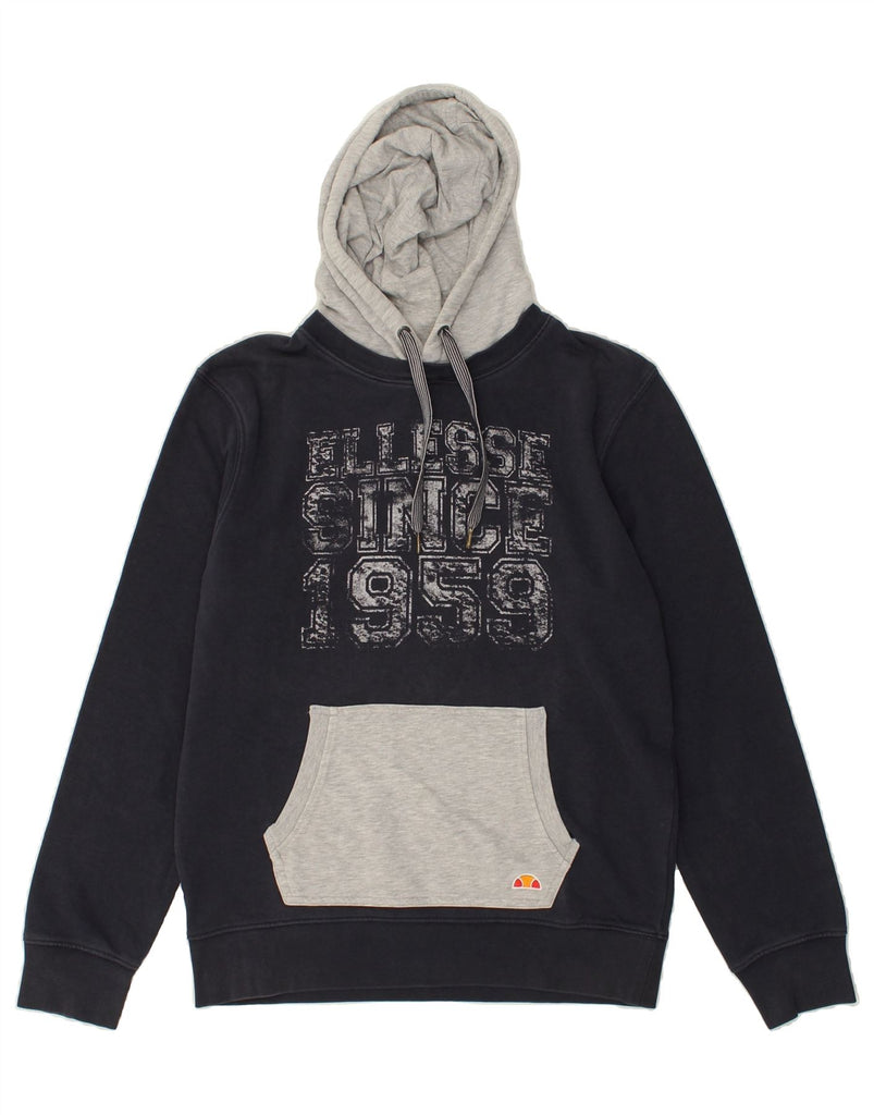 ELLESSE Mens Graphic Hoodie Jumper Small Navy Blue Colourblock Cotton | Vintage Ellesse | Thrift | Second-Hand Ellesse | Used Clothing | Messina Hembry 