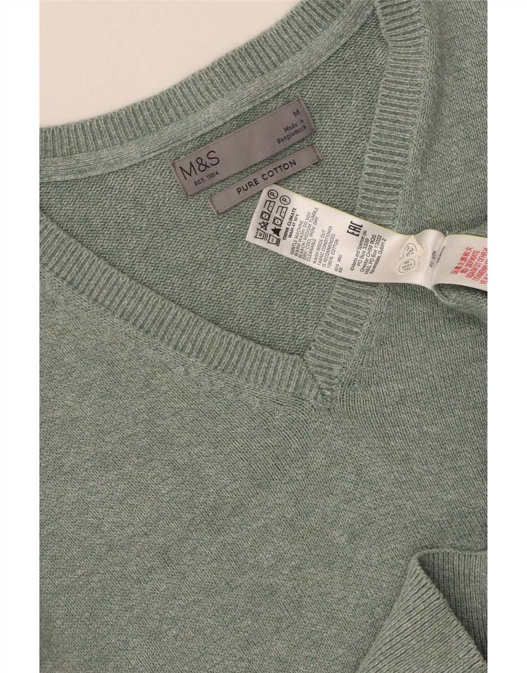 MARKS & SPENCER Mens V-Neck Jumper Sweater Medium Green Flecked Cotton