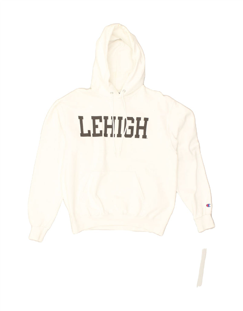 CHAMPION Mens Leligh University Graphic Hoodie Jumper Medium White Cotton | Vintage Champion | Thrift | Second-Hand Champion | Used Clothing | Messina Hembry 