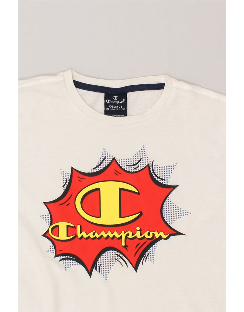 CHAMPION Boys Graphic T-Shirt Top 13-14 Years XL White Colourblock Cotton | Vintage Champion | Thrift | Second-Hand Champion | Used Clothing | Messina Hembry 